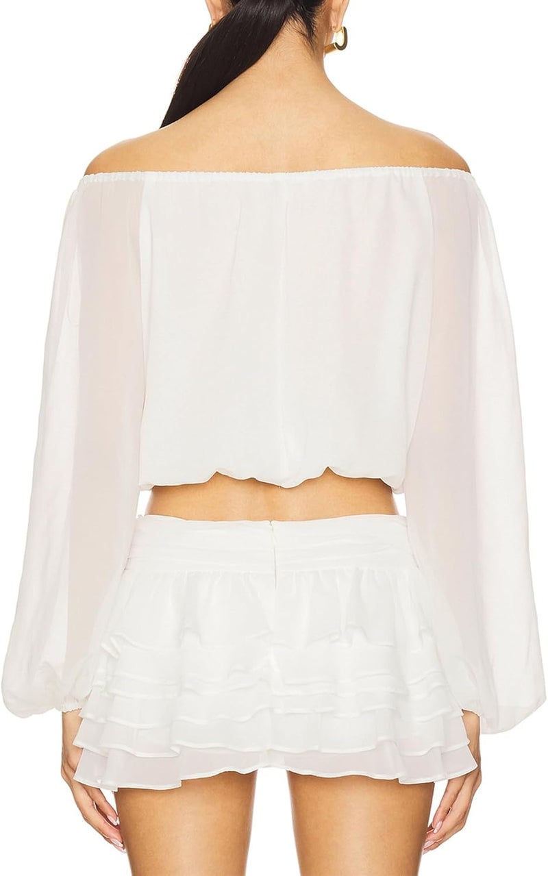 SUNNOW Women's Chiffon Off-Shoulder Elegant Flowy Blouse Tops Long Sleeve Blouse for Casual Party - Image 3